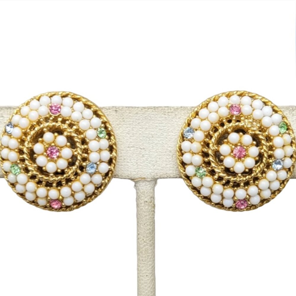Vintage 1960s Signed Kramer Round White & Pastel Rhinestone Clip Earrings